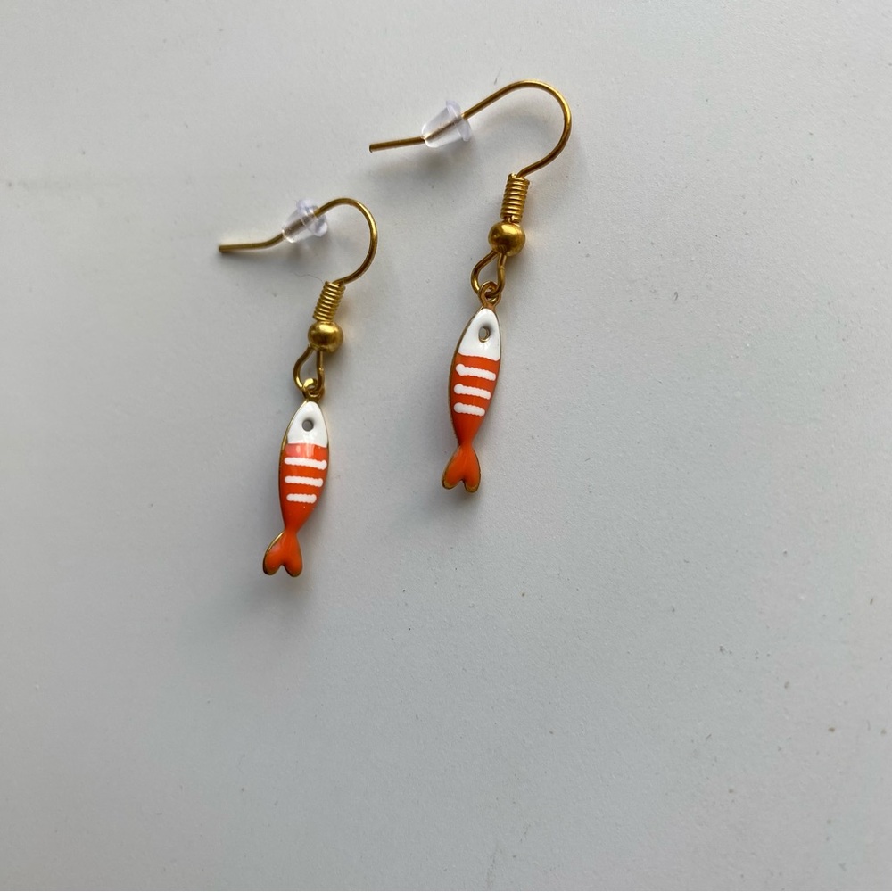 Handmade GOLD STAINLESS STEEL Earrings Striped Sardines Fish Nautical Fairy Cute - Picture 7 of 8
